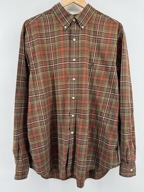 Ralph Lauren Plaid Button-Down Shirt in Brown, Olive & Rust 100% Cotton Men's XL